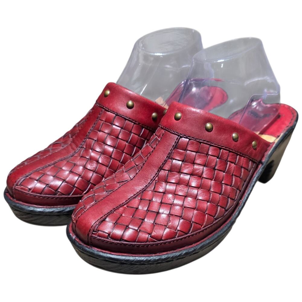 Born Handcrafted Womens 9 Red Leather Basket Weave Heeled Mules Clogs Studded